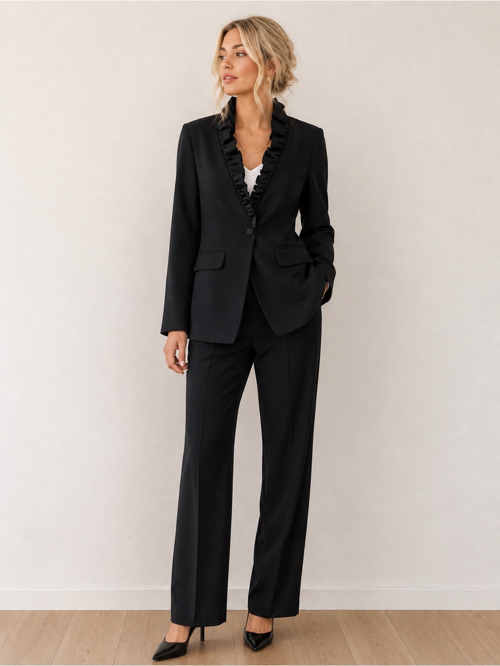 Chic Black Ruffle Trim Blazer